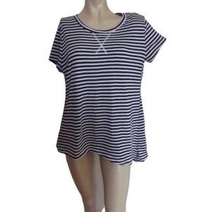 Mia Kaye Shirt Size Large Navy Blue White Striped Asymmetrical scoop L nautical